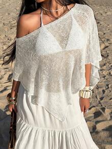 Sunnyshic Women's Green Hollow-Out Minimalist Sheer Casual Vacation Style Knit Cover Up Cover Up, Summer - White - View 3