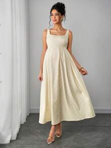 Momance Sleeveless Maternity Dress, Square Neck, Gathered Back, A-Line Hem, Digital Print Long Dress - Yellow - View 1