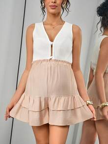 Momance Maternity Solid Color Frill Waist Ruffle Hem Skort - Khaki - View 2