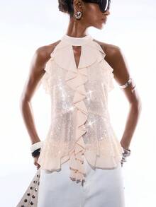LYSMO Women's Elegant Apricot Summmer Sequin Halter Neck Camisole,Ruffled Sequin Top For Party Night,Festival,Beach Vacation And Country Concert Outfits - Beige - View 6
