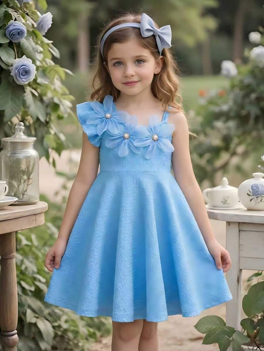 Elladie kids 女童甜美3D立体花朵露肩短袖A字公主裙,适合度假、派对、活动等场合。夏季柔软舒适面料,2026春夏新款,度假旅行必备,女童夏季服装 - 藍色 - 查看 1