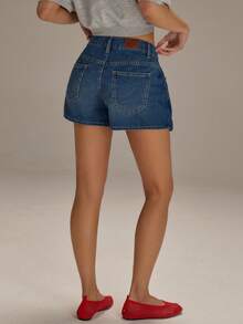Athîral Women's Casual Vacation Low-Waist Asymmetric Blue Denim Shorts - Medium Wash - View 2