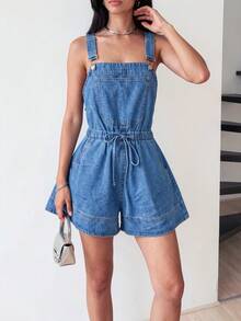 Siren Gaze Women's Blue Denim Overalls, Summer Jumpsuit Shorts, Loose A-Line Shorts, Short Overalls - Medium Wash - View 4