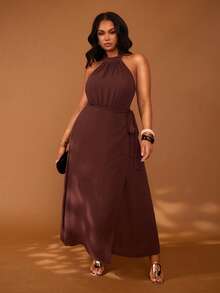 Veslaya Damen-Midi-Wickelkleid in Große Größen, schokoladenbraun, elegant für den Sommer, mit Stehkragen, ärmellos und Bindegürtel, Hochzeitsgast-Party-Bankett-Urlaubskleid - Braun - Übersicht 7
