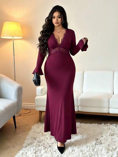 Elenzga Plus Size Women French Casual Elegant Fitted Lace Patchwork V-Neck Long Sleeve Dress