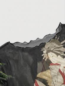 ROMWE Avant 可爱透视网纱新款中国风性感标语书法艺伎松树印花短袖女式上衣 - 黑色 - 查看 3