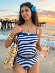 SHEIN 2pcs/Set Teen Girls Striped Swimsuit, Vacation Beach Swimming Sports Casual Matching Sister Photo Outfit - Blue - View 1