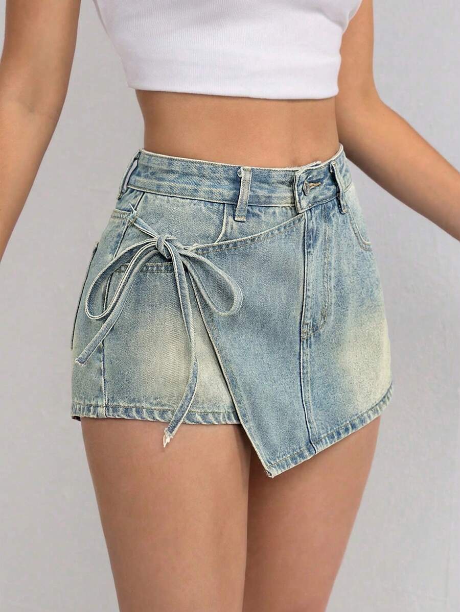 SHEIN EZwear 女士不对称下摆休闲牛仔裙裤，侧边系带 - 深色水洗藍 - 查看 1