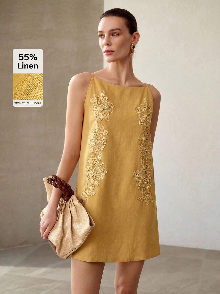 MOTF PREMIUM WOMEN'S EMBROIDERED FASHIONABLE VERSATILE SHORT DRESS - Yellow - View 1