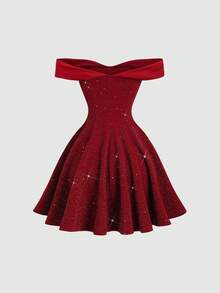 SHEIN PETITE Abito mini da festa con spalle scoperte e paillettes rosse, abito da cocktail luccicante per occasioni primaverili/estive - Bordò - Visualizzare 2