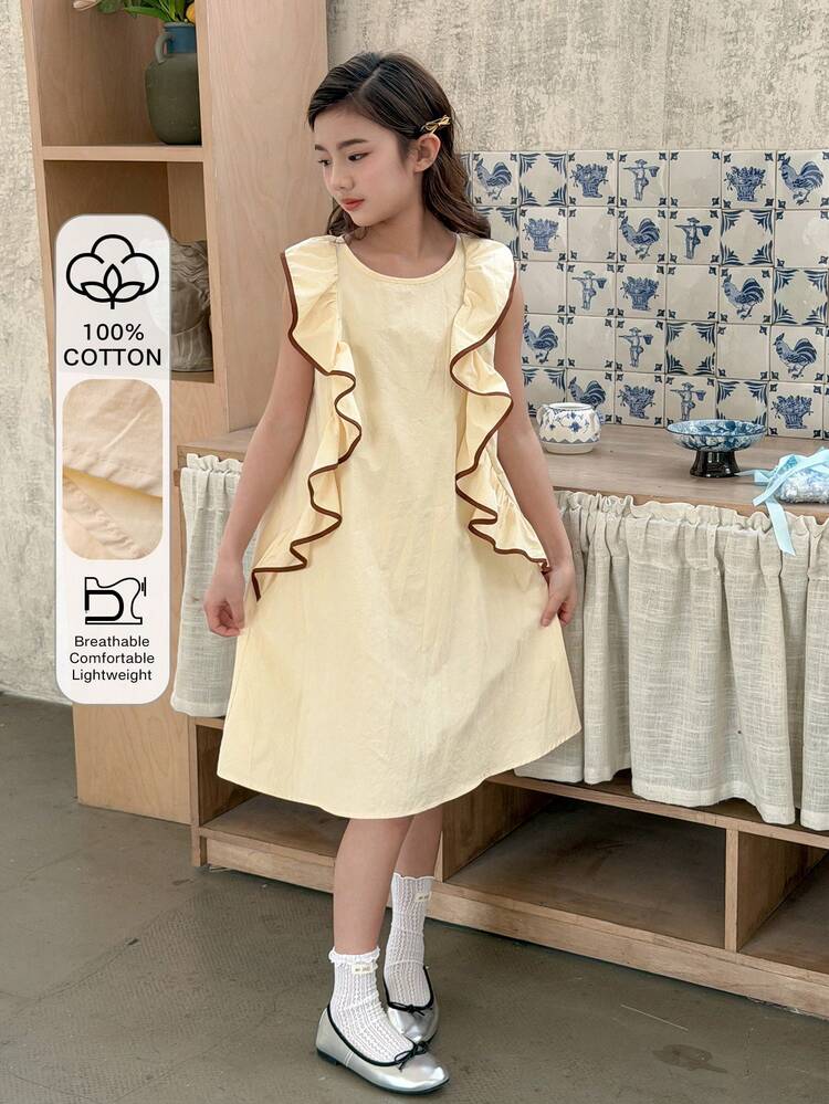 Tween Girl Round Neck Contrast Trim Ruffle Hem Sleeveless Dress