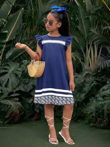 SHEIN Tween Girl Geometric Striped Pattern Round Neck Cap Sleeve Dress - Blue - View 7
