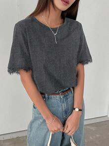 DAZY Áo thun nữ mùa hè cổ tròn tay ngắn phối ren kiểu dáng thường ngày - màu đen - Xem 6