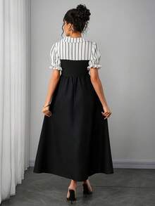 Momance 优雅通勤风条纹拼接衬衫式孕妇连衣裙，夏季 - 黑與白 - 查看 2