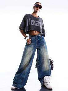 LYSMO 夏季休闲字母印花短款T恤 - 深灰色 - 查看 5