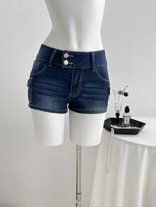 Elamini 低腰时尚口袋纽扣装饰水洗弹力牛仔短裤 - 深色水洗藍 - 查看 4
