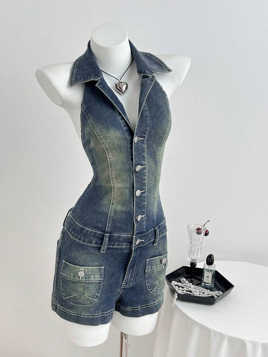 Elamini Fashionable Casual Turndown Collar Washed Denim Bib Jumpsuit - Dark Wash - View 1