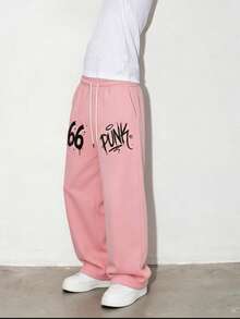 Manfinity Roghcode Men's Numeric Print Drawstring Waist Pocket Casual Pants - Pink - View 2