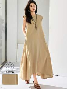 Heiryn 女士纯色圆领不对称下摆休闲百搭连衣裙 - 卡其色 - 查看 3