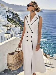 SHEIN Holidaya 女士白色无袖休闲连衣裙，黑色滚边，翻领收腰A字中长款，适合日常通勤、度假、春夏穿着。白色中长连衣裙、白色早午餐连衣裙、白色优雅连衣裙、夏季优雅连衣裙、白色优雅连衣裙、女士度假晚宴连衣裙、女士邮轮服装、女士无袖连衣裙、白色长款连衣裙、女士优雅套装、度假装、女士度假连衣裙、女士正装、女士休闲连衣裙、女士优雅经典连衣裙 - 黑與白 - 查看 7