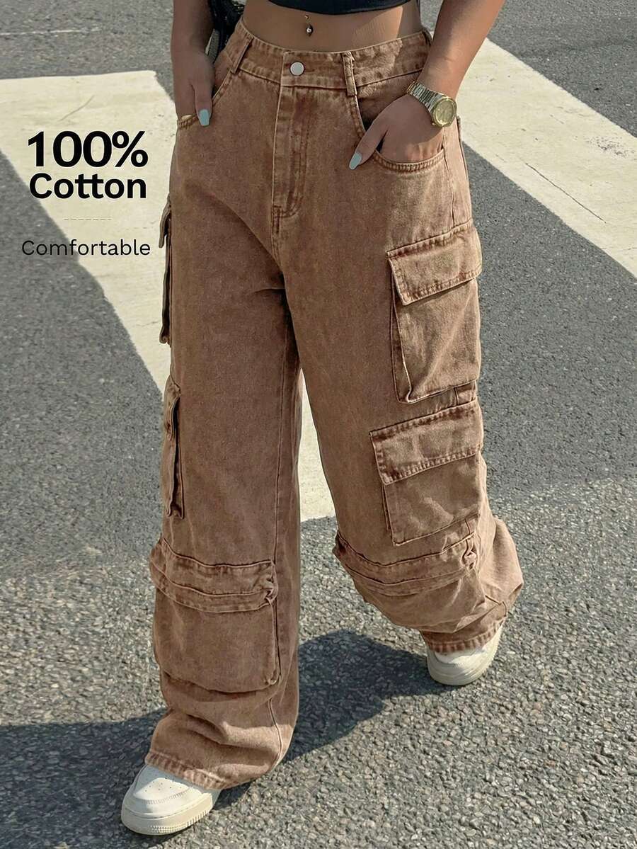 SHEIN EZwear 女士棕色梭织牛仔效果复古做旧多口袋休闲裤军装工装裤工装牛仔裤女式工装裤女式工作裤女式工作裤宽松工装牛仔裤女式工作裤女式工装裤 - 棕色 - 查看 1