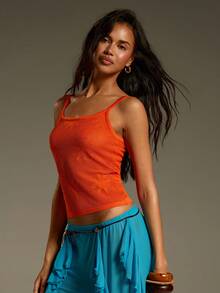 Athîral 女士镂空设计休闲针织吊带衫 - 橘色 - 查看 4