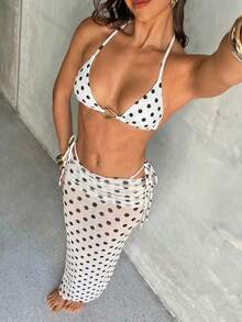 Aloruh 女士三件套比基尼套装，性感优雅浪漫复古风，紫色、酒红色、紫红色金属装饰比基尼上衣搭配罩衫，迷你三角比基尼上衣系带，迷你丁字裤下装搭配超长纱笼裙，适合度假和海滩穿着，优雅女士沙滩泳装，女士沙滩比基尼泳衣，女士泳装，女士泳衣，女士泳装，女士比基尼套装，女士沙滩比基尼 - 黑與白 - 查看 9