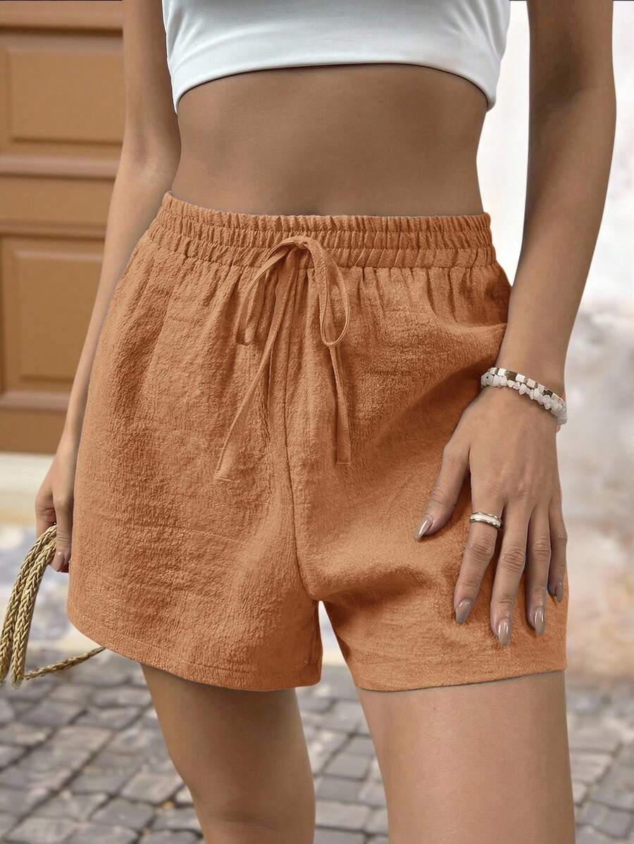 Brillora Summer Beach Solid Knot Waist Shorts - Brown - View 1