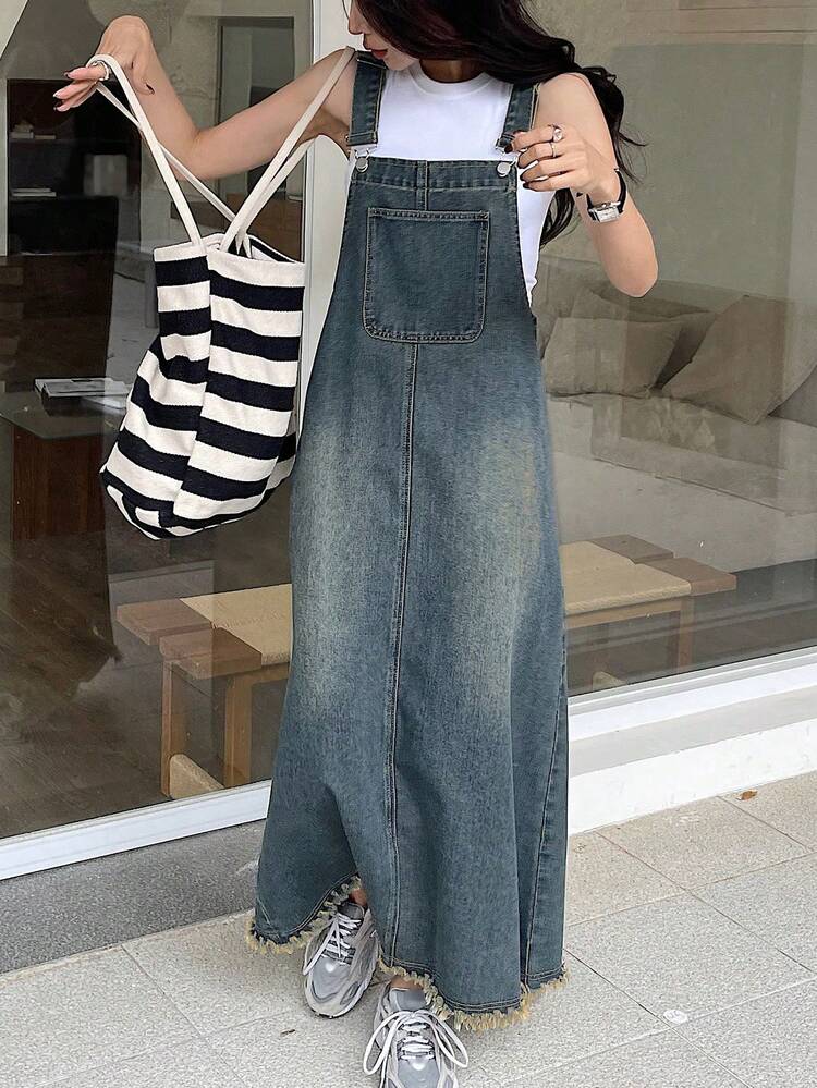 Teen Girl Casual Everyday Commute Minimalist Versatile Patchwork Pocket Frayed Hem Loose Denim Pinafore Dress, Spring/Summer/Autumn