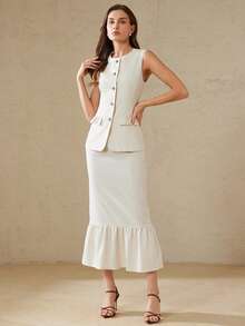 Aveloria Rosie 2-delat set: Ljusaprikosfärgad ärmlös enkelknäppt linne och fiskbenskjol, pendlarmodell - Vitt - Visa 5