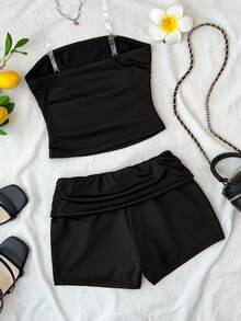 SHEIN Conjunto informal de top tubo fruncido y shorts de unicolor para niña preadolescente - Negro - Ver 2