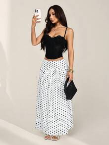 SHEIN PETITE 女士法式优雅波点印花长裙，适合秋季穿着，白色，优雅派对装扮，新年女装，秋冬女装，白色波点裙，黑白波点裙，波点中长裙，休闲款 - 白色 - 查看 2