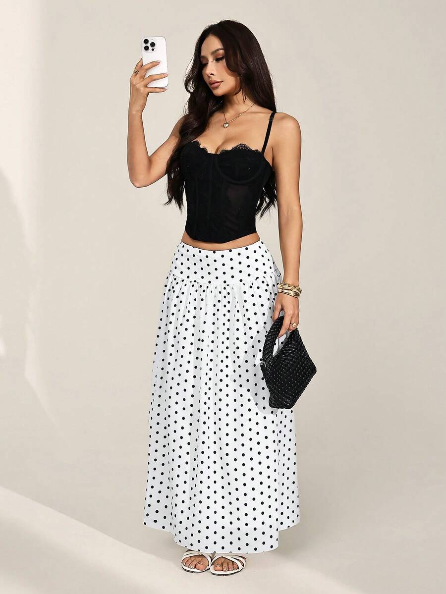 SHEIN PETITE 女士法式优雅波点印花长裙，适合秋季穿着，白色，优雅派对装扮，新年女装，秋冬女装，白色波点裙，黑白波点裙，波点中长裙，休闲款