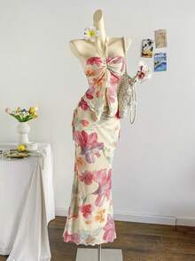 Soleia Women's Elegant Floral Print Halter Neck Top And Fish Tail Skirt 2-Piece Set, Summer - Multicolor - View 6