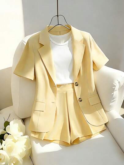 Franclia Daily Versatile Temperament Elegant Commuting Casual Milk Yellow Suit Collar Short Sleeved Jacket Paired With Shorts Wide Leg Pants Set For Women's Casual Set For Women's Commuting Wear, Women's Office Wear, Women's Work Wear, Women's Summer Wear Shorts Short Sleeved Yellow Set Two-Piece Set
