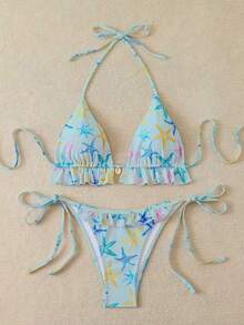 Swim Mod Setelan Renang Wanita 2 Potong Motif Bintang Laut Acak yang Lucu dan Manis untuk Liburan Pantai, Musim Panas - MultiWarna - View 3