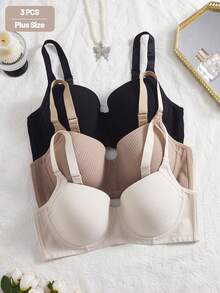 NudeFit 3 pezzi Reggiseno con imbottitura e sollevamento istantaneo in tessuto a costine, comodo e casual, per taglie forti - Multicolore - Visualizzare 3