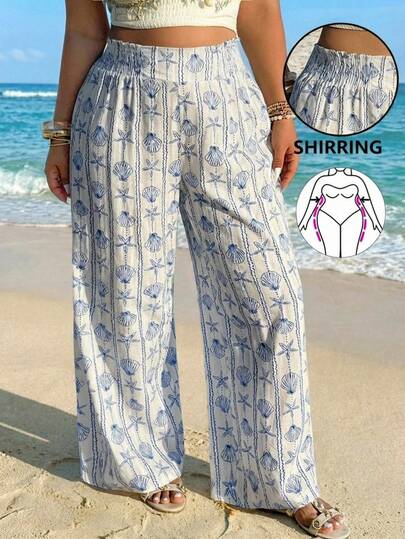 GalTyme Pantalones informales de talla grande con estampado de concha y estrella de mar