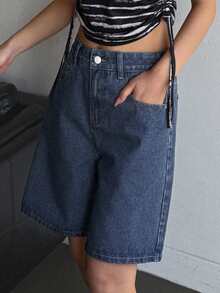 DAZY 少女休闲百搭日常牛仔短裤，带口袋、纽扣和蝴蝶结刺绣设计 - 藍色 - 查看 7