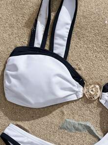 Swim  Set de 2 piezas de bikini con corte alto y split de color liso, mejor vendido para el verano, conjunto de traje de baño y vacaciones en la playa - Blanco - Ver 6