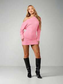 MISSGUIDED Off Shoulder Asymmetric Long Sleeve Mini Dress With Ruched Side Detail Bodycon Fit Evening Party Clubwear - Pink - View 3