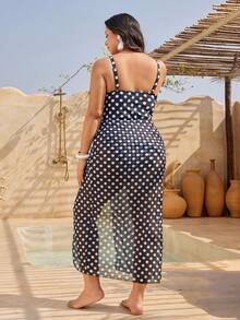 Swim Oasis Plus Size Women 2-Piece Polka Dot Sexy V-Neck Ruched Adjustable Strap Mesh Skirt Swimsuit, Vacation - Black and White - View 2