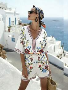 Louniche Women's Casual Vacation Printed Sleeveless Cinched Waist Wide Leg Jumpsuit, Spring/Summer - White - View 1