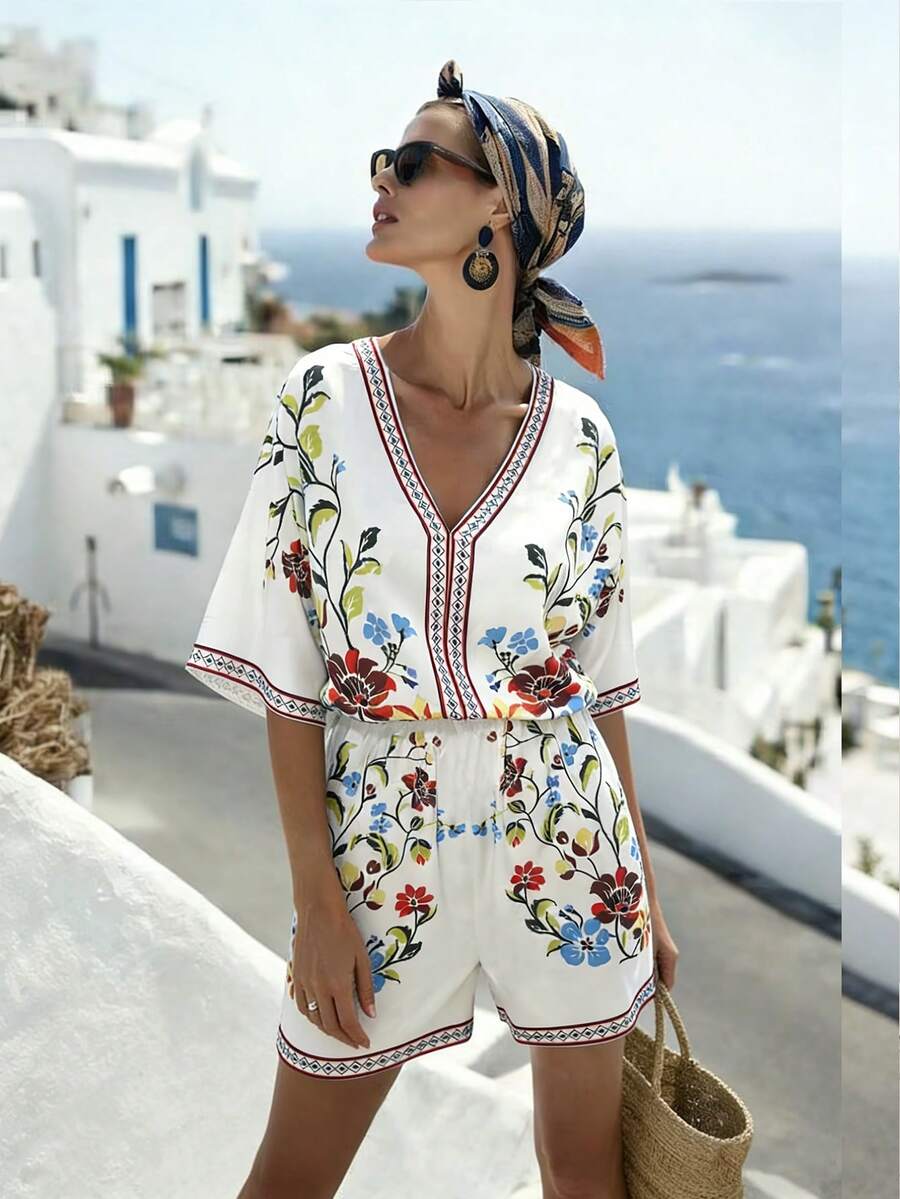 Louniche Women's Casual Vacation Printed Sleeveless Cinched Waist Wide Leg Jumpsuit, Spring/Summer - White - View 1