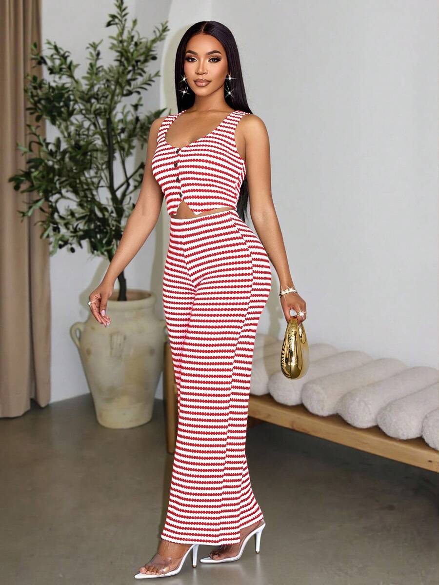 SOLERSUN Women Striped Striped Sleeveless V-Neck Front Button Vest And Pants Set - Red - View 1