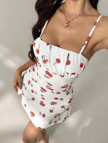 SHEIN PETITE Women's Summer Ditsy Floral Mesh Strap Dress, Vacation Style - Red and White - View 6