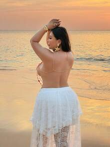 NU&NOW Plus Size Beaded Metal Chain Backless Halter Top, Suitable For Island Resort/Beach - Red - View 4
