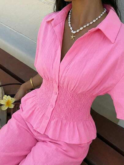 SHEIN EZwear New Rose Pink Woven Women's Short Sleeve Casual Vacation Shirt, Spring/Summer Women Blouses Summer Womens Fashion Cotton Blouses Pink Shirts For Women Pink Blouses