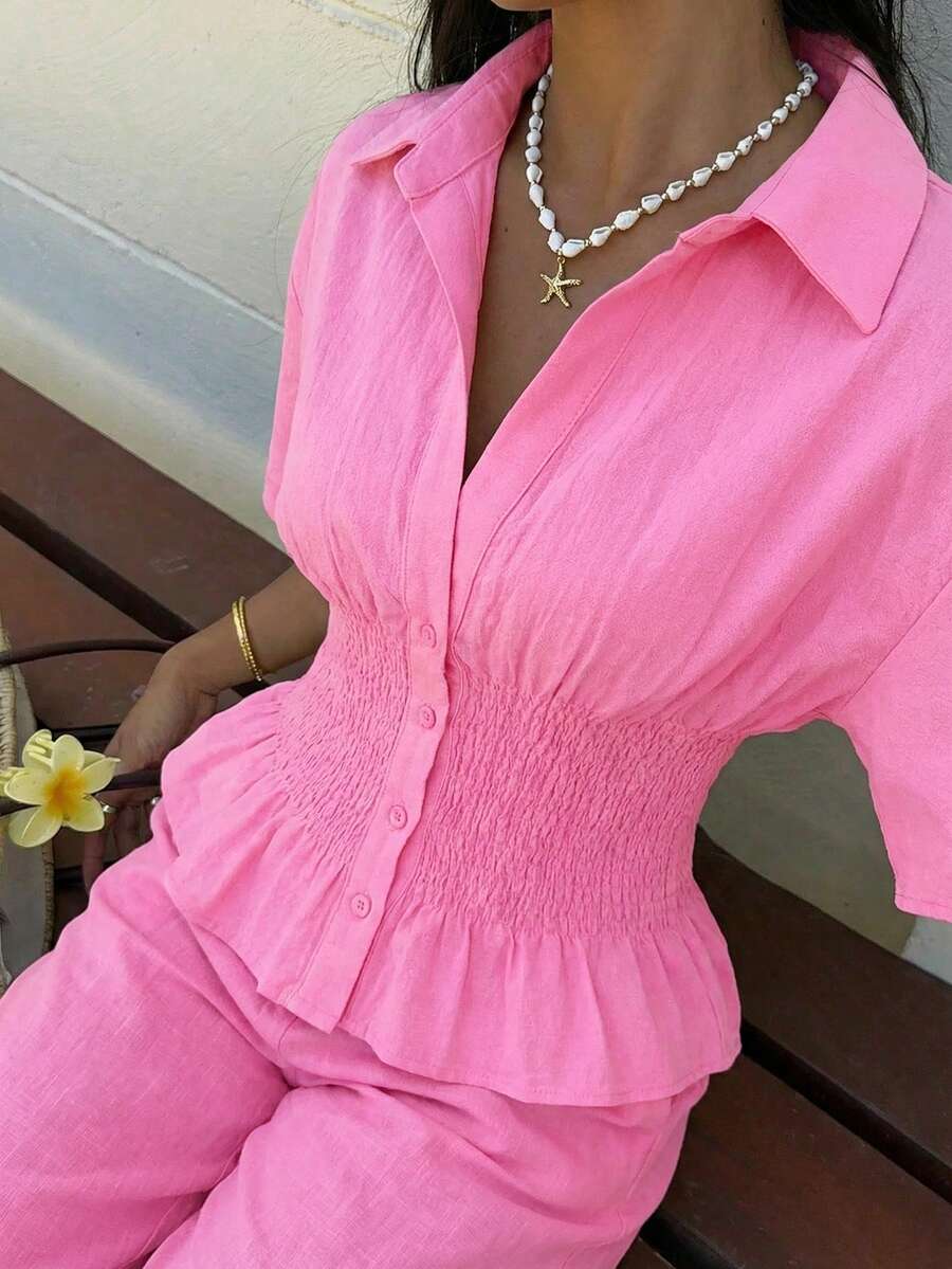 SHEIN EZwear 女款柔粉色短袖純棉時尚休閒夏日度假襯衫,梭織時尚度假風 - 粉色 - 查看 1