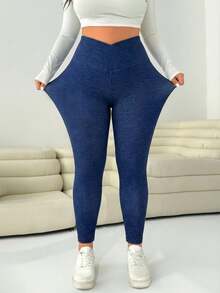 SHEIN EZwear Quần legging nữ cỡ lớn, kiểu dáng thường ngày, đơn giản, đa năng, màu trơn, nhiều lớp, cạp cao, co giãn, ôm sát, thích hợp cho mùa xuân/hè. - Màu xanh lam - Xem 4